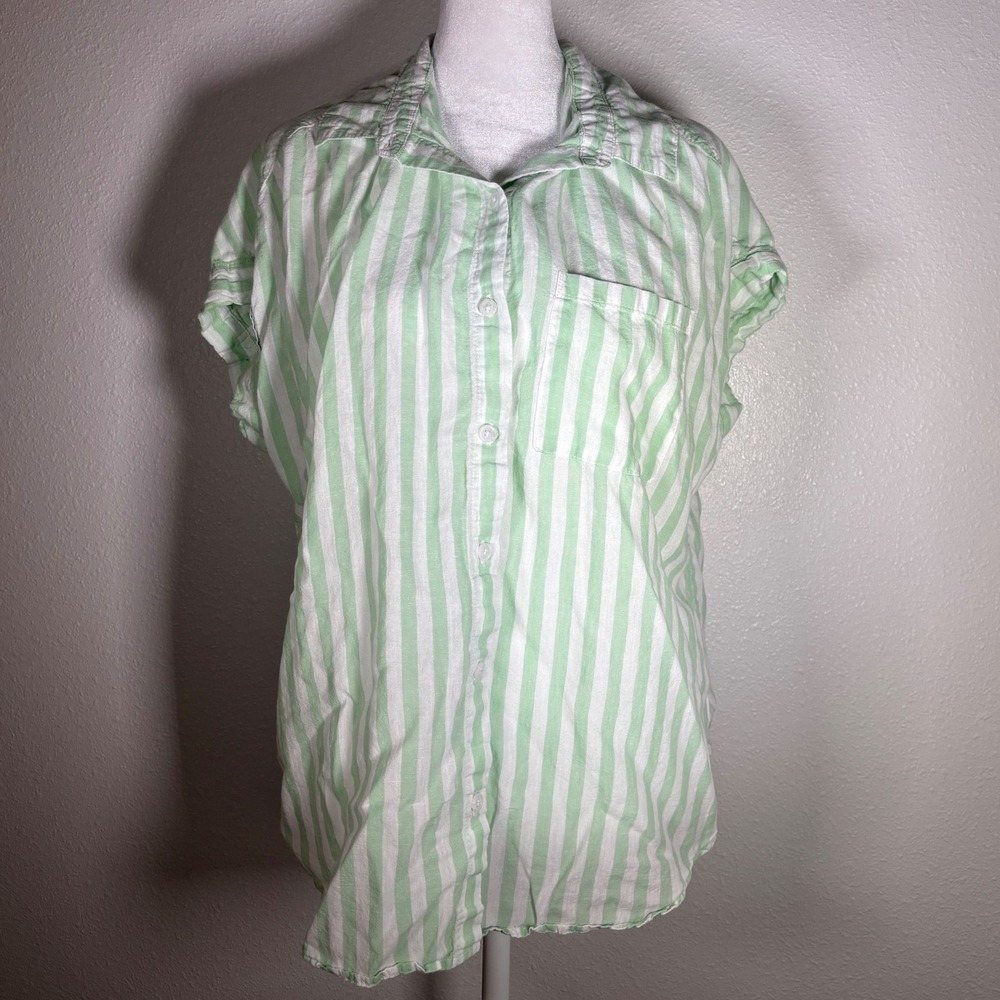 Indie Sleeze Womens Green White Striped Linen Blend Short Sleeve Button Down M